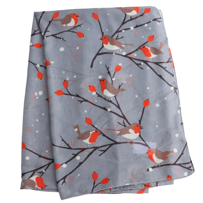 Grey Robins On Branches Scarf