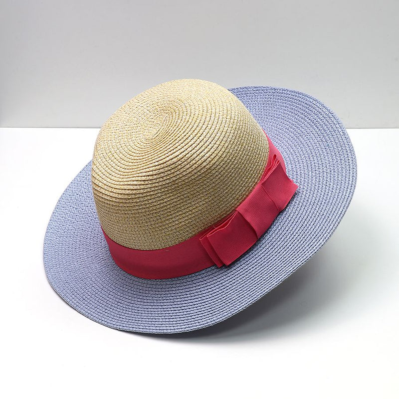 Natural & Blue Summer Fedora With Coral Trim