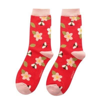 Bees & Flowers Red Bamboo Socks