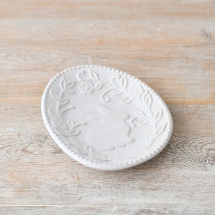 White Embossed Rabbit & Flower Dish