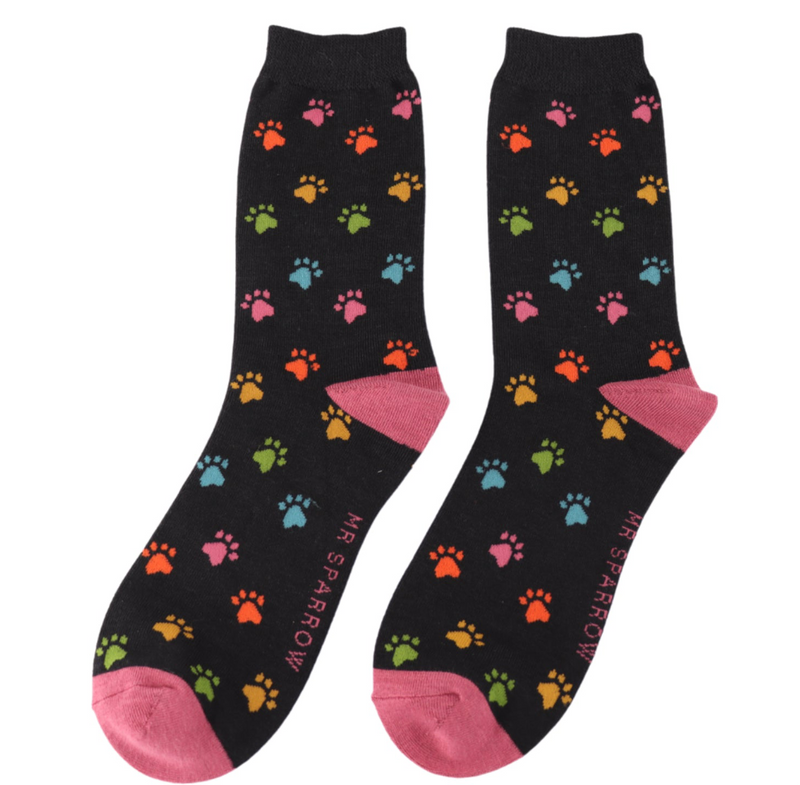 Multi Paw Prints Black Bamboo Socks