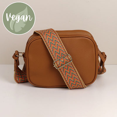 Tan Vegan Leather Chevron Strap Camera Bag