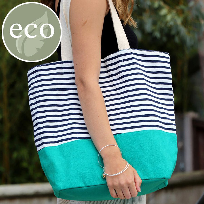 Navy & White Stripe Emerald Cotton Tote Bag
