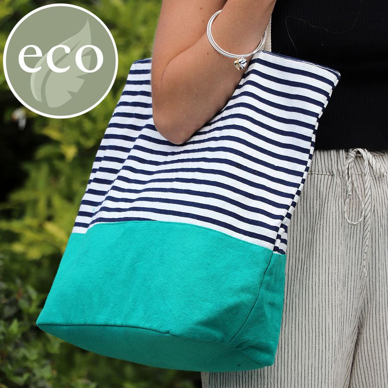 Navy & White Stripe Emerald Cotton Tote Bag