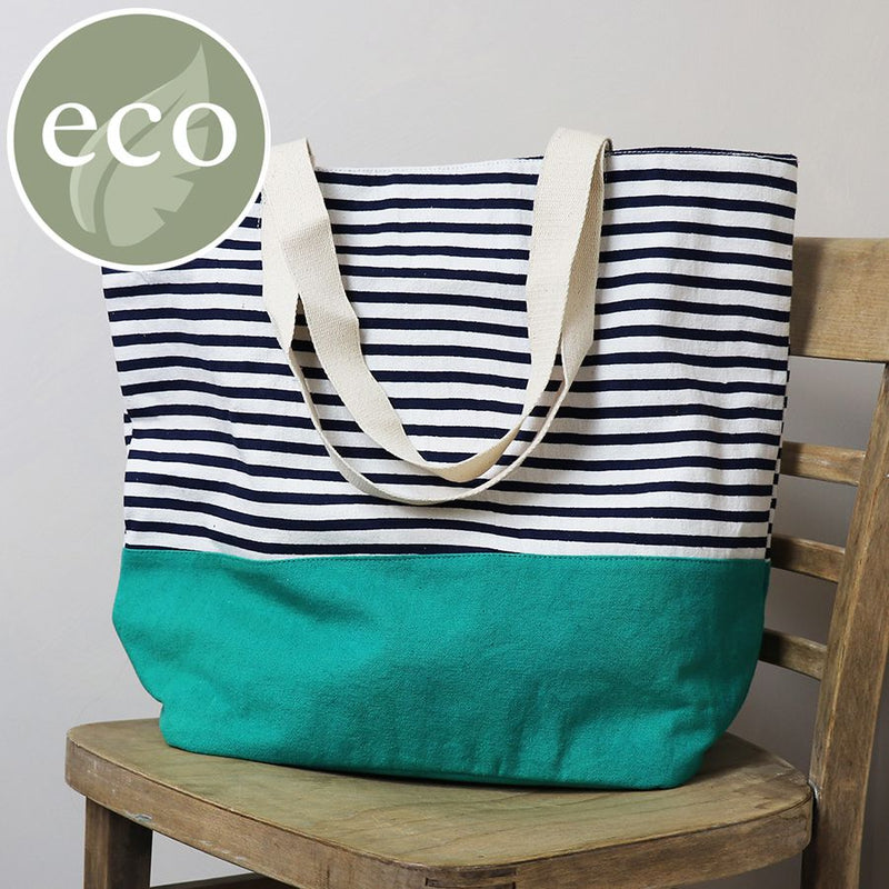 Navy & White Stripe Emerald Cotton Tote Bag