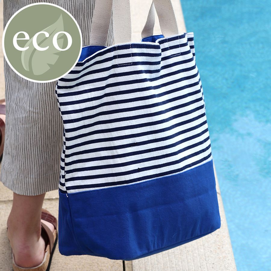 Blue and white striped tote bag deals