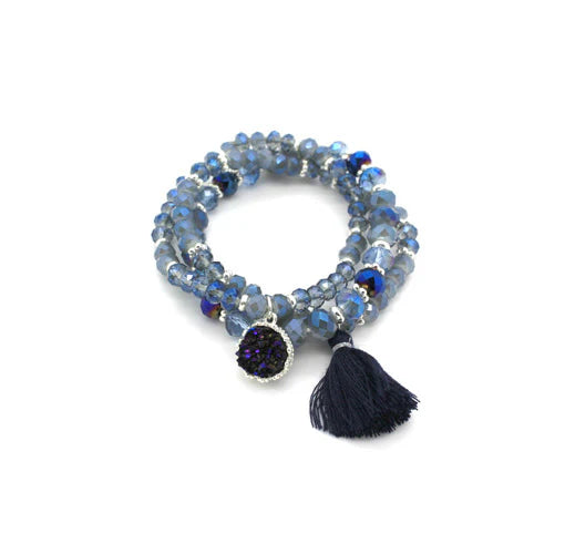 Trio Navy Bracelet with Glass Beads & Tassel