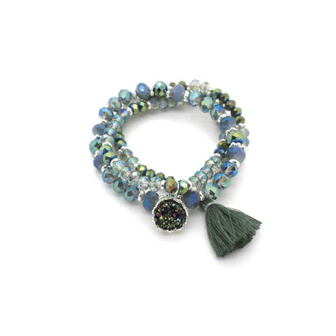 Trio Green Bracelet with Glass Beads & Tassel