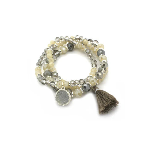 Trio Silver Bracelet with Glass Beads & Tassel