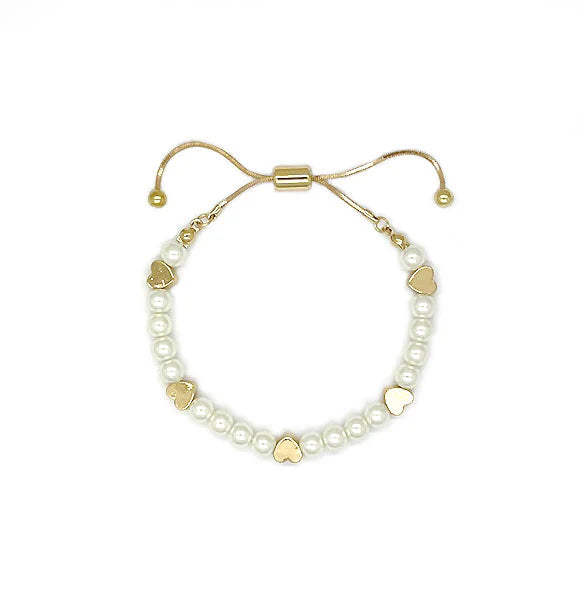 Glass Pearl & Heart Gold Adjustable Bracelet