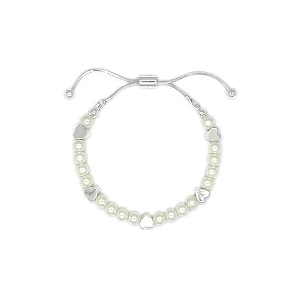 Glass Pearl & Heart Silver Adjustable Bracelet