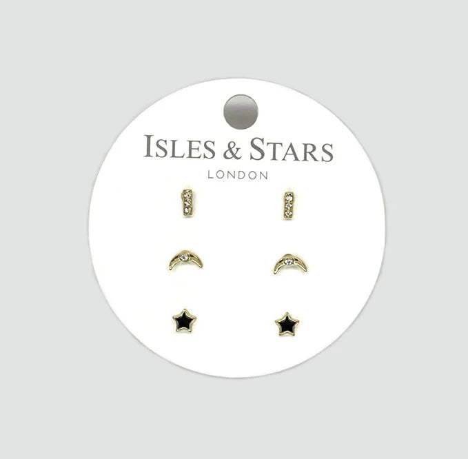 Gold Star, Moon & Bar Three Sets of Earrings