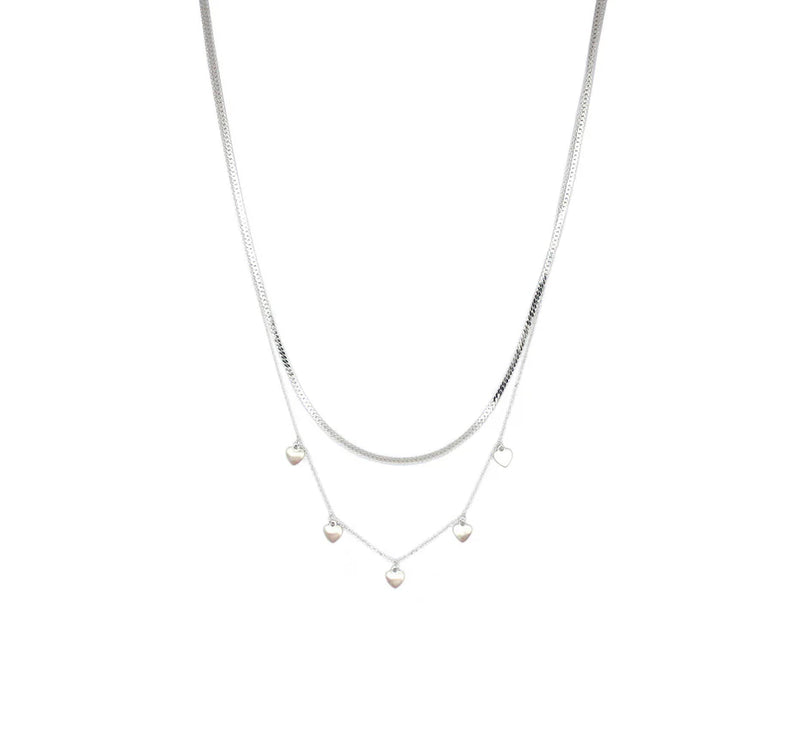 Brushed Hearts Silver Layered Necklace