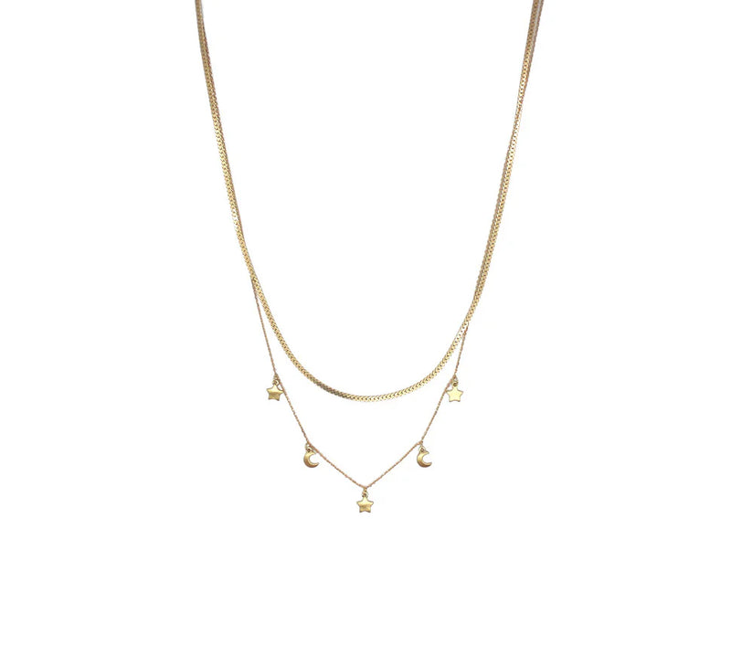 Brushed Star & Moon Gold Layered Necklace