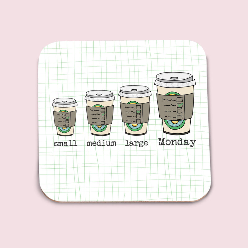 Small, Medium, Large, Monday Coffee Coaster