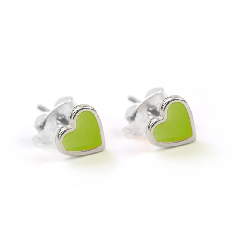 Silver Lime Enamel Heart Earrings