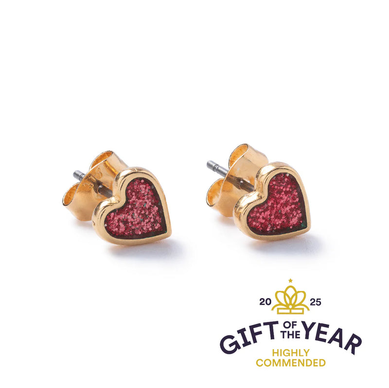 Red Sparkle Gold Heart Stud Earrings