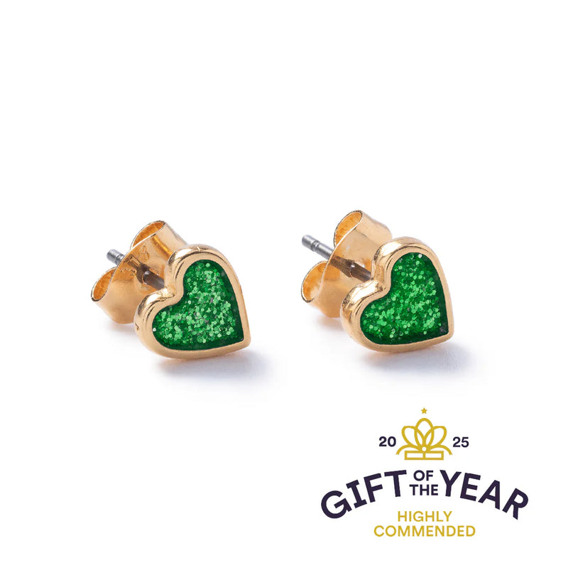 Green Sparkle Gold Heart Stud Earrings