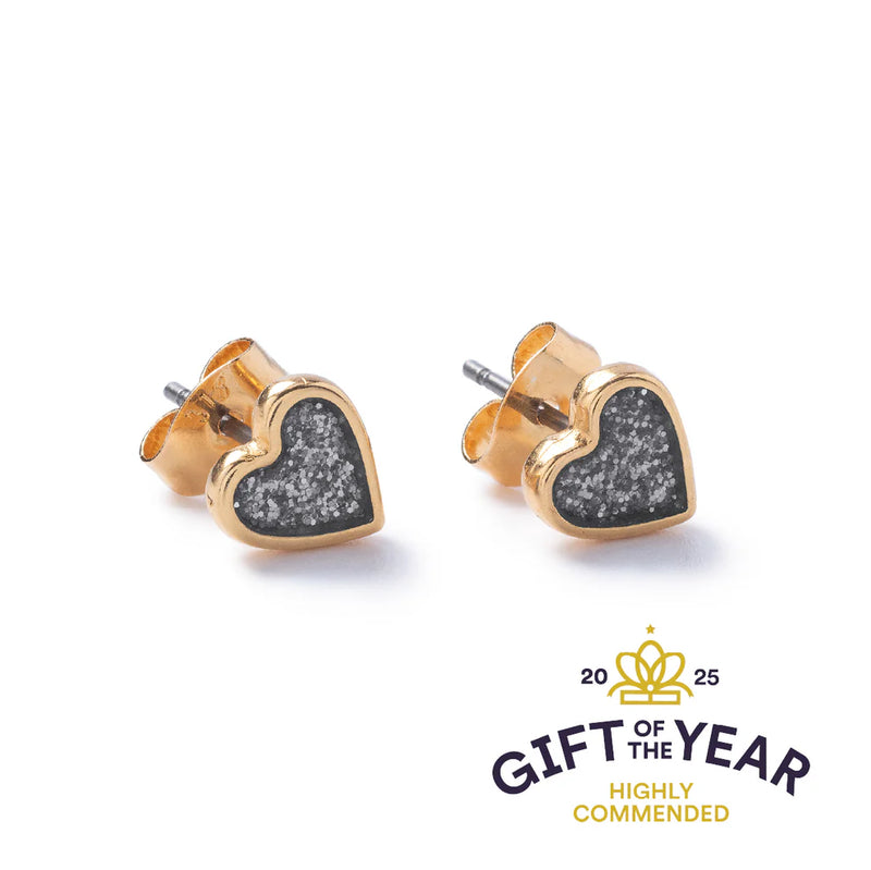 Graphite Grey Sparkle Gold Heart Stud Earrings