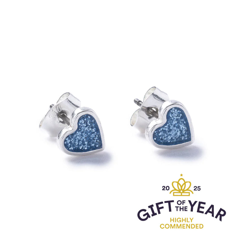 Blue Sparkle Silver Heart Stud Earrings