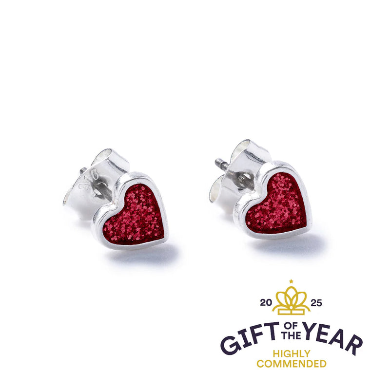 Red Sparkle Silver Heart Stud Earrings