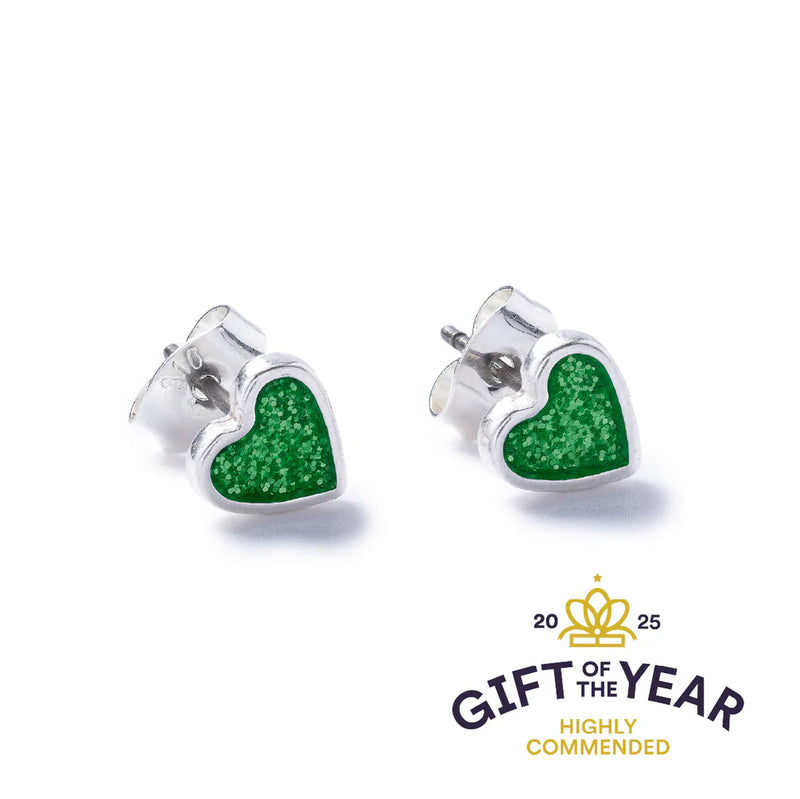 Green Sparkle Silver Heart Stud Earrings