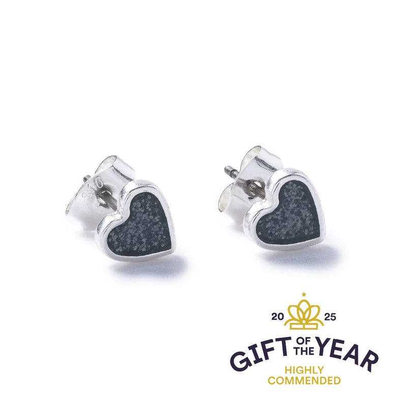 Graphite Grey Sparkle Silver Heart Stud Earrings