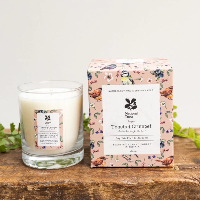 English Pear & Blossom Garden Birds Glass Candle