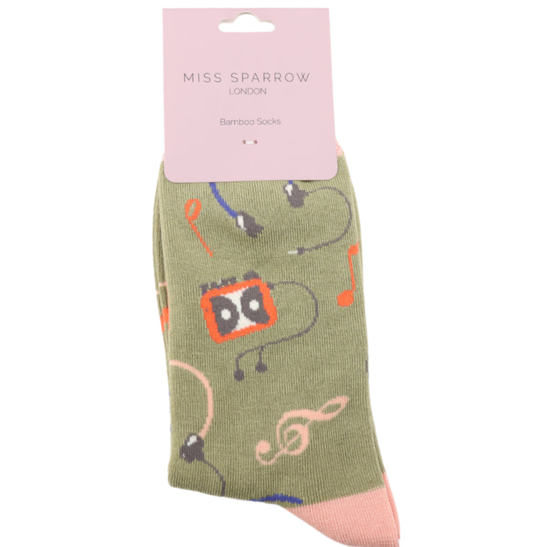 Retro Music Olive Bamboo Socks