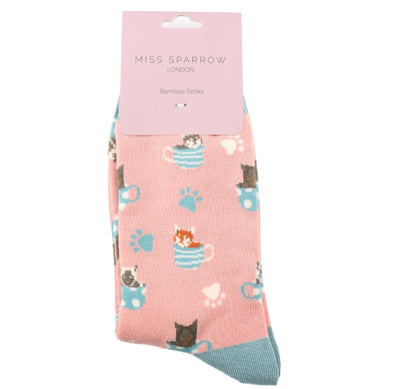 Cats in Teacups Dusky Pink Bamboo Socks