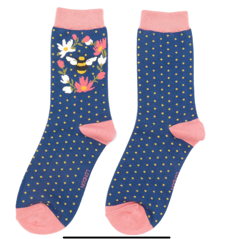 Bumble Bee Wreath Navy Bamboo Socks