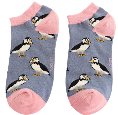 Cute Puffins Denim Bamboo Trainer Socks