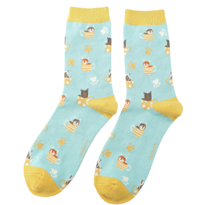 Cats in Teacups Aqua Bamboo Socks