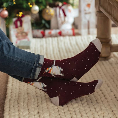 ‘Christmas King’ Penguin Maroon Bamboo Socks