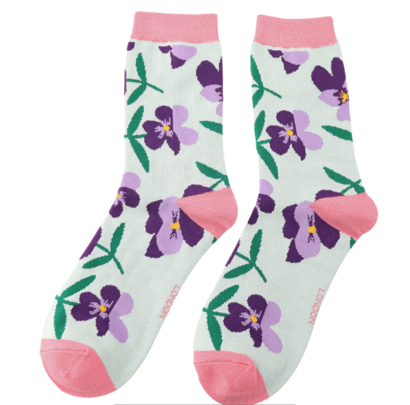 Pansies Duck Egg Bamboo Socks