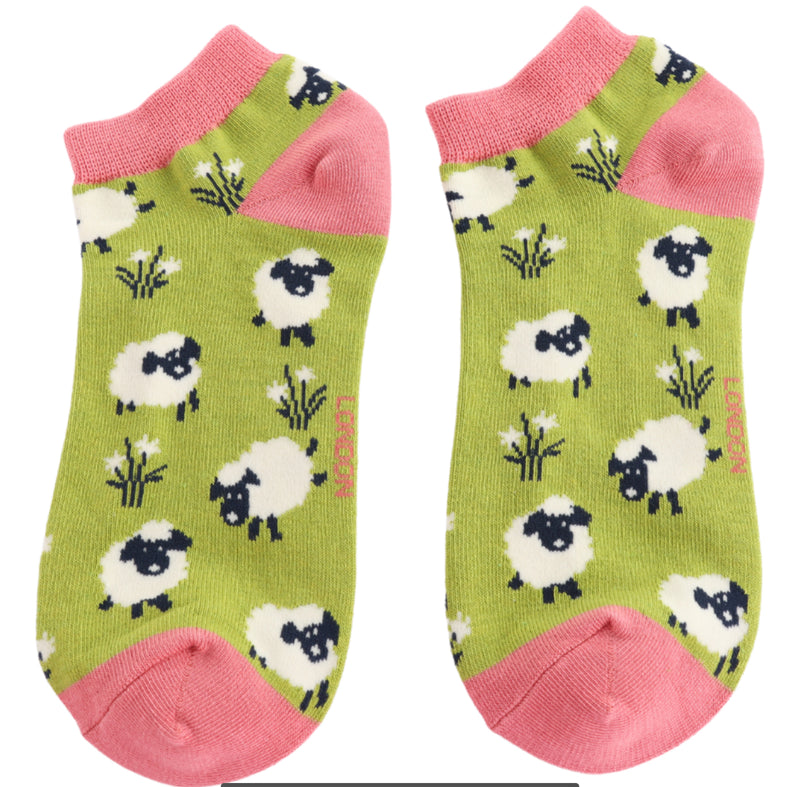 Leaping Sheep Pink Bamboo Trainer Socks Green