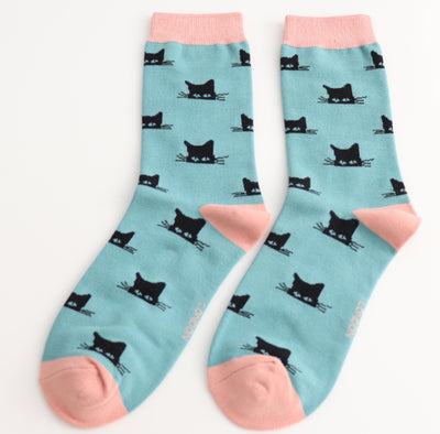 Peeking Cats Duck Egg Bamboo Socks
