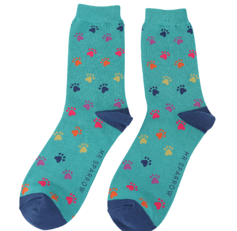 Multi Paw Teal Prints Bamboo Socks