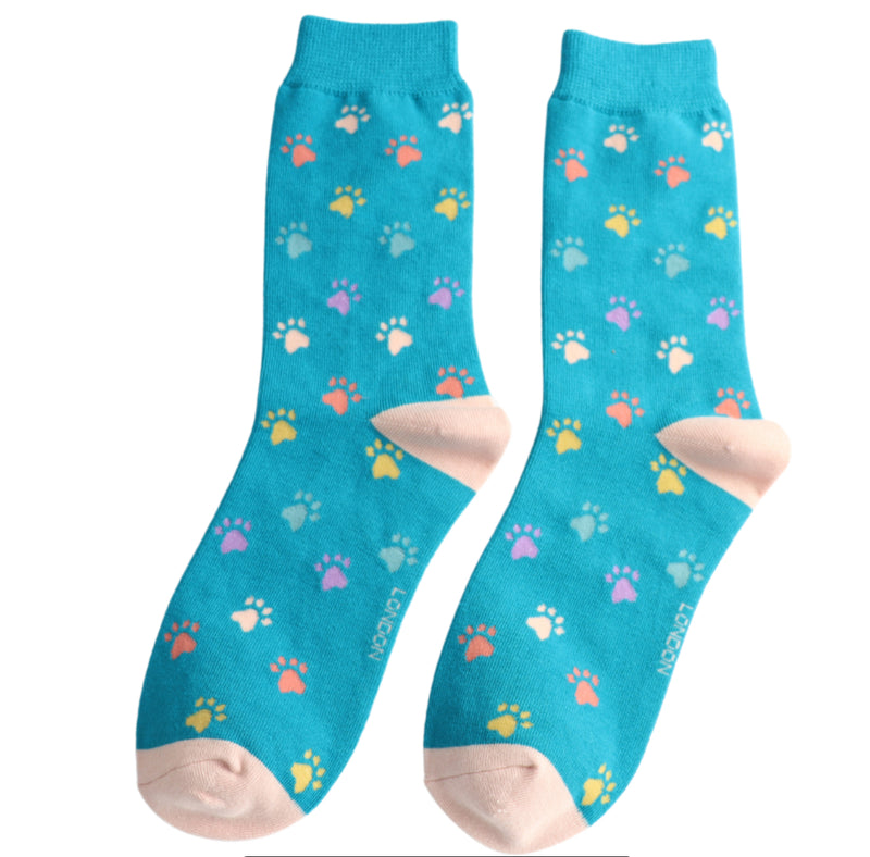 Multi Paw Prints Teal Bamboo Socks