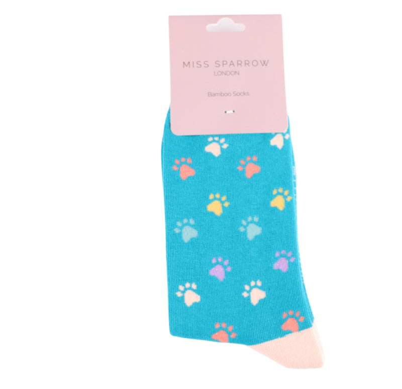 Multi Paw Prints Teal Bamboo Socks