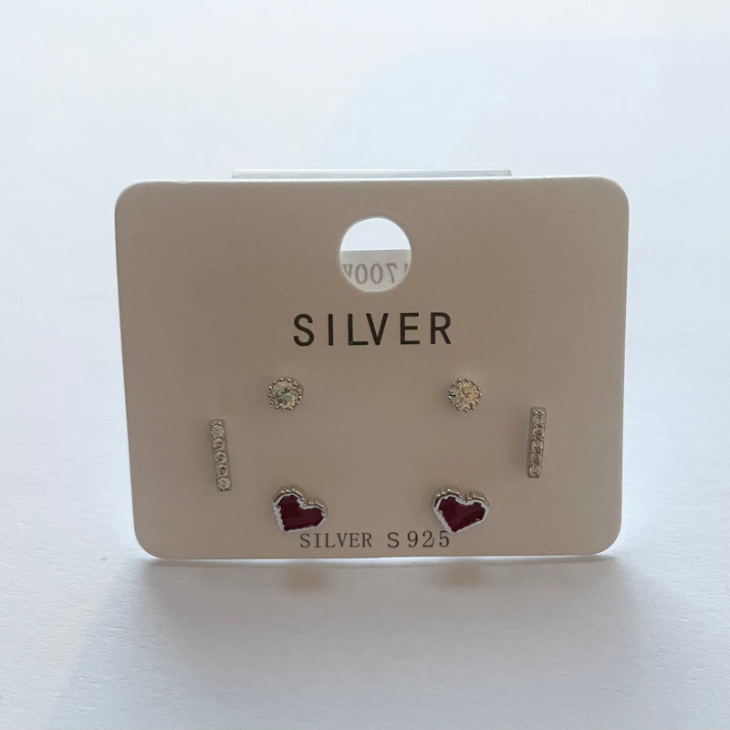 Sterling Silver Heart, Bar & Stud Earrings