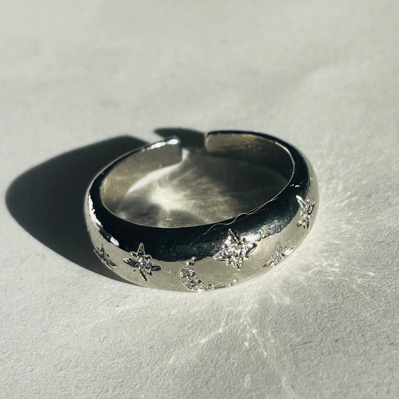 Silver Moon & Stars Band Ring