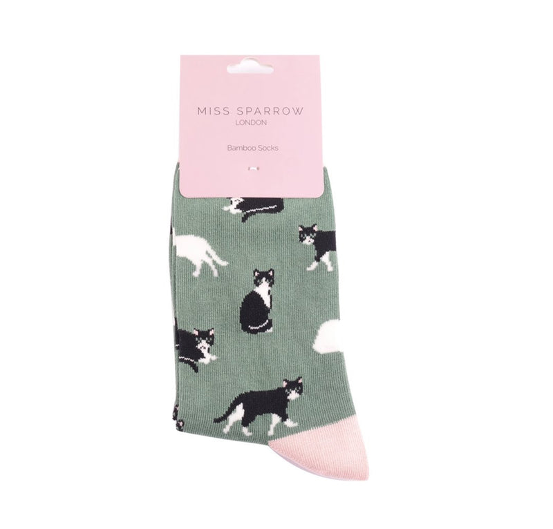 Black & White Cats Green Bamboo Socks