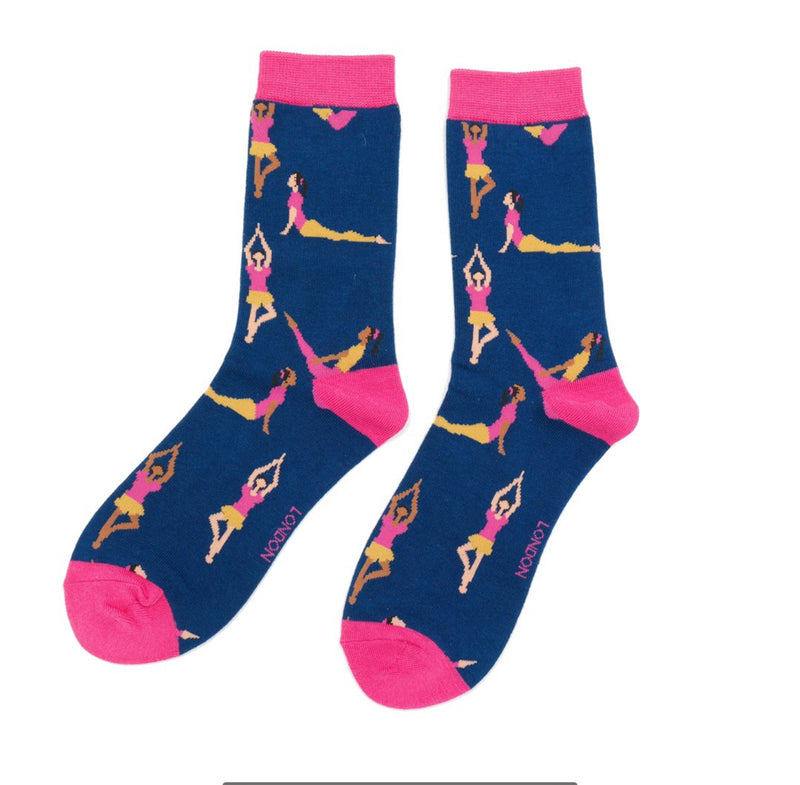 Yoga Poses Navy Bamboo Socks