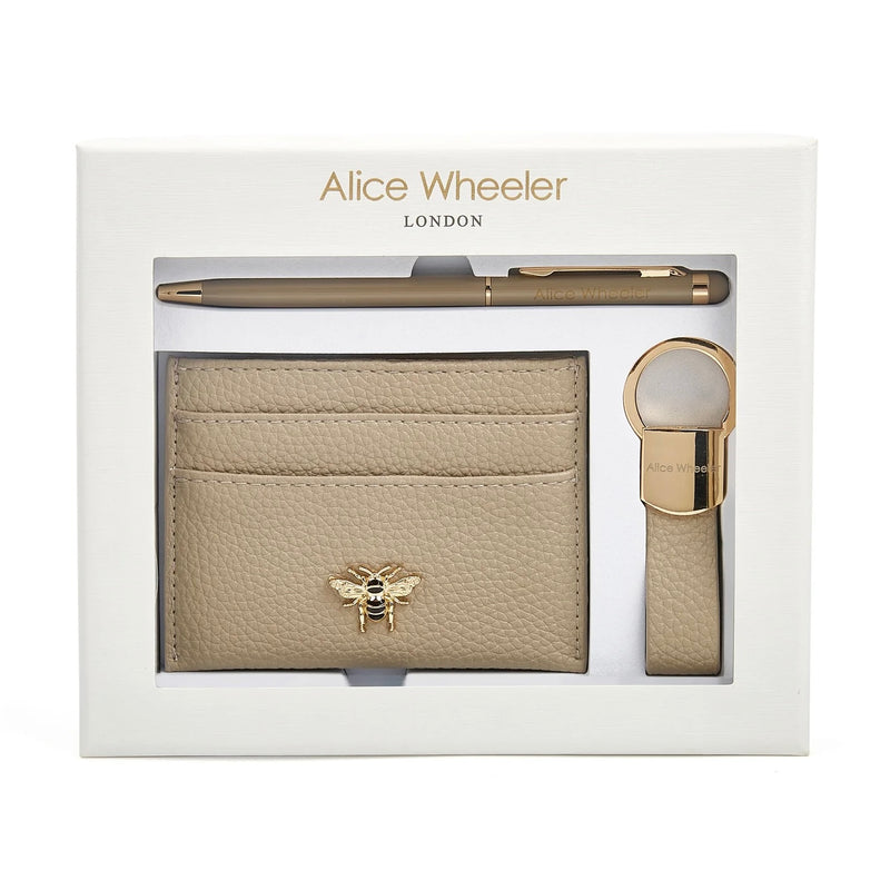 Alice Wheeler Card Holder, Pen & Key Ring Gift Set In Stone