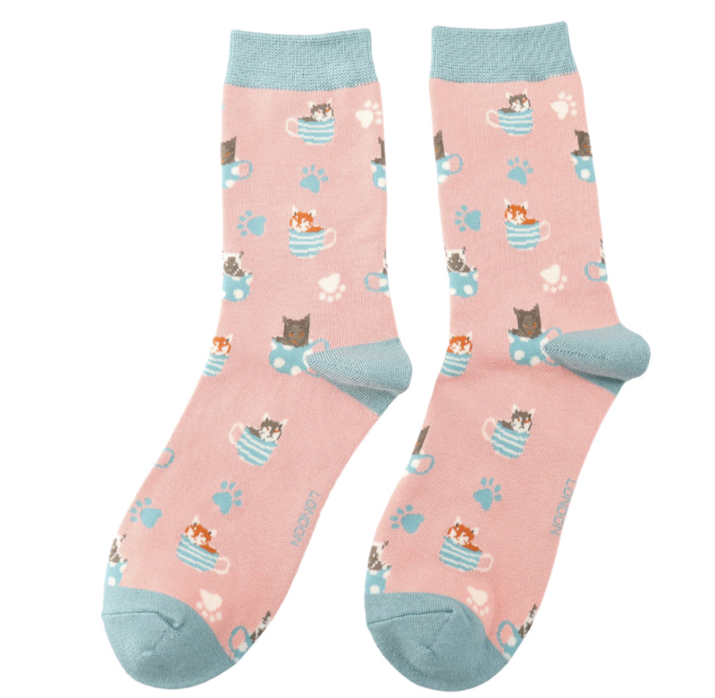 Cats in Teacups Dusky Pink Bamboo Socks