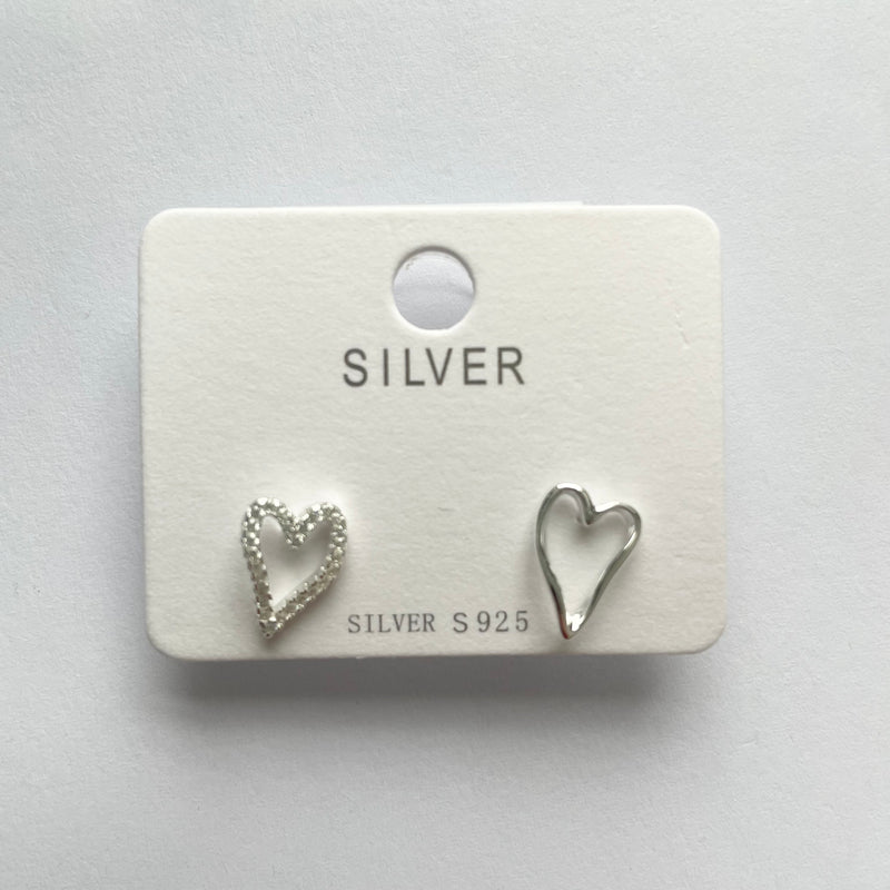 Sterling Silver Diamond & Plain Heart Earrings