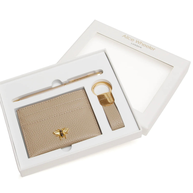 Alice Wheeler Card Holder, Pen & Key Ring Gift Set In Stone