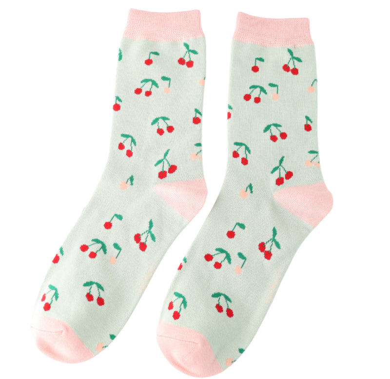 Mini Cherries Mint Bamboo Socks