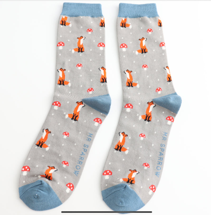 Fox and Toadstool Grey Bamboo Socks